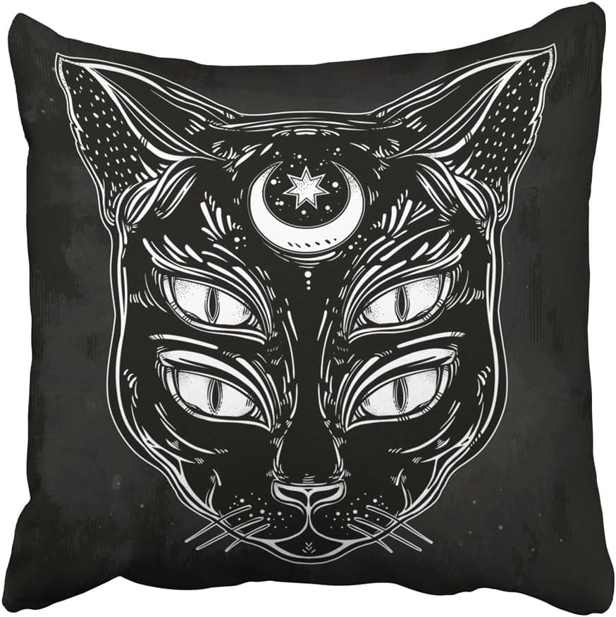 Soksar Throw Pillow Cover Square 16x16 Inch Black Cat Head Portrait with Moon and Four Eyes Eyed Is Ideal Halloween Tattoo Wierd Spirituality Zipper Print Pillowcase Two Side Design Home Sofa Decor