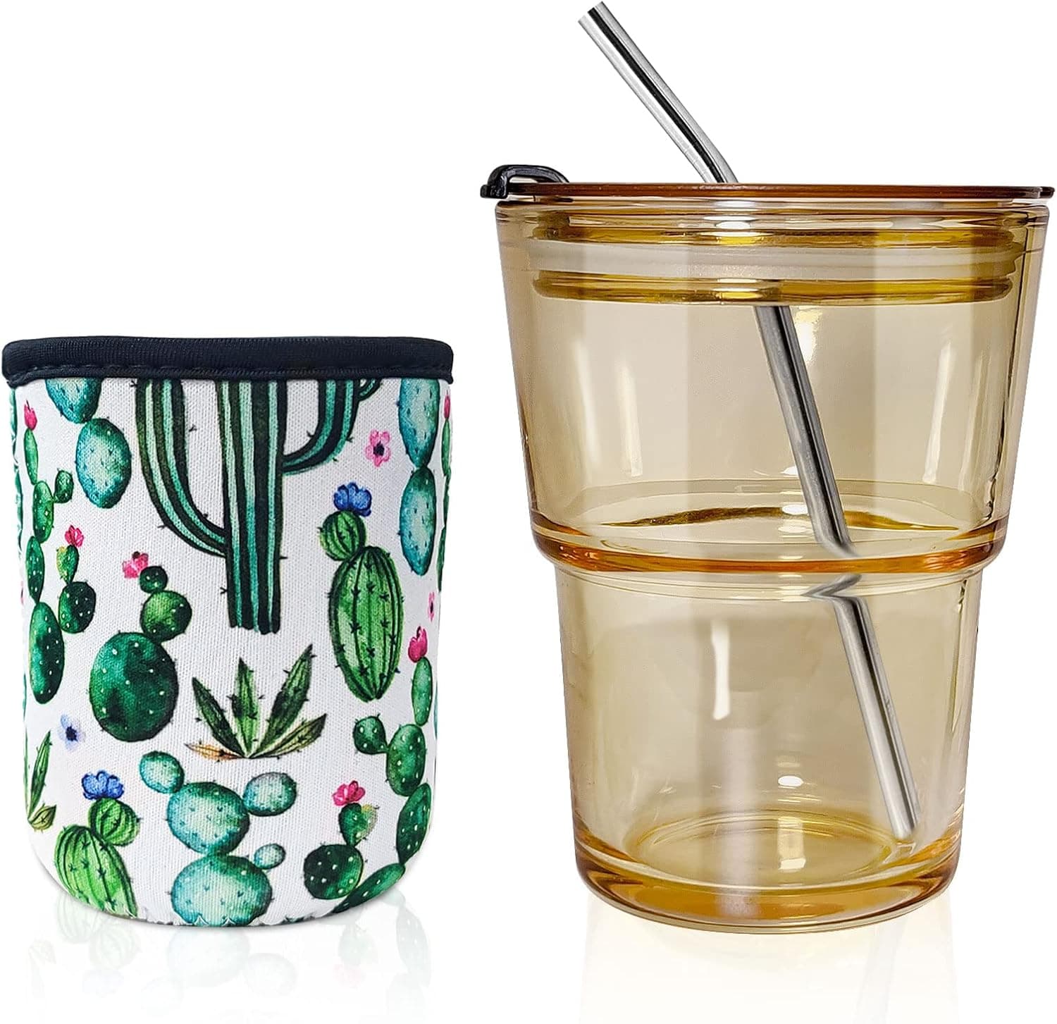 Amgkonp Coffee Glass Water Tumbler,13oz Beer Can Drinking Glasses Iced Coffee Cup with Lids & Metal Straw and Iced Coffee Sleeves,Insulated Glass Mug Tea Cup (Cactus)