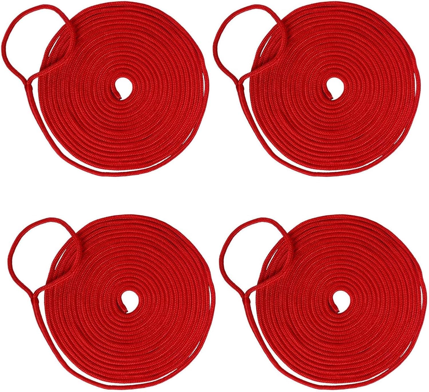 Amarine Made 4 Pack of 3/4 Inch 30 Feet Double Braid Nylon Dockline Mooring Rope Double Braided Dock Line,Working Load Limit:1900LBS,Breaking Strength:9500LBS (Red)