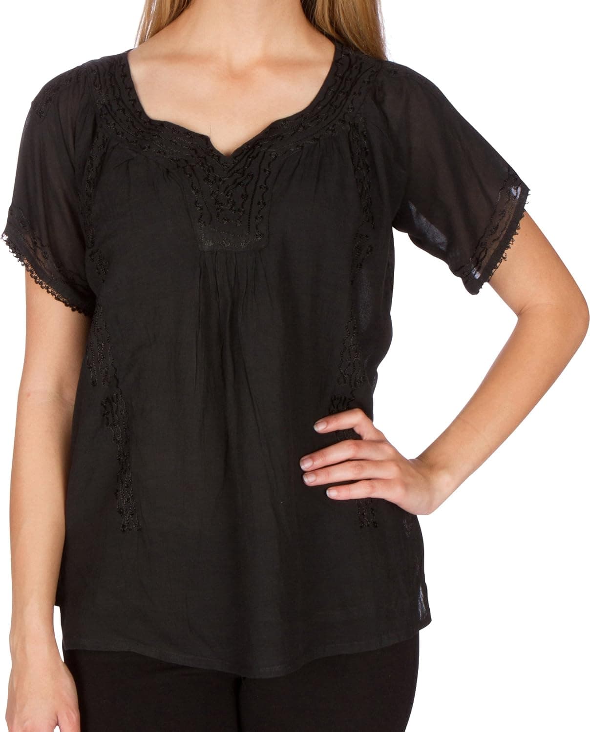 Sakkas Embroidered 100% Cotton Semi-Sheer Short Sleeve Gauzy Top/Blouse