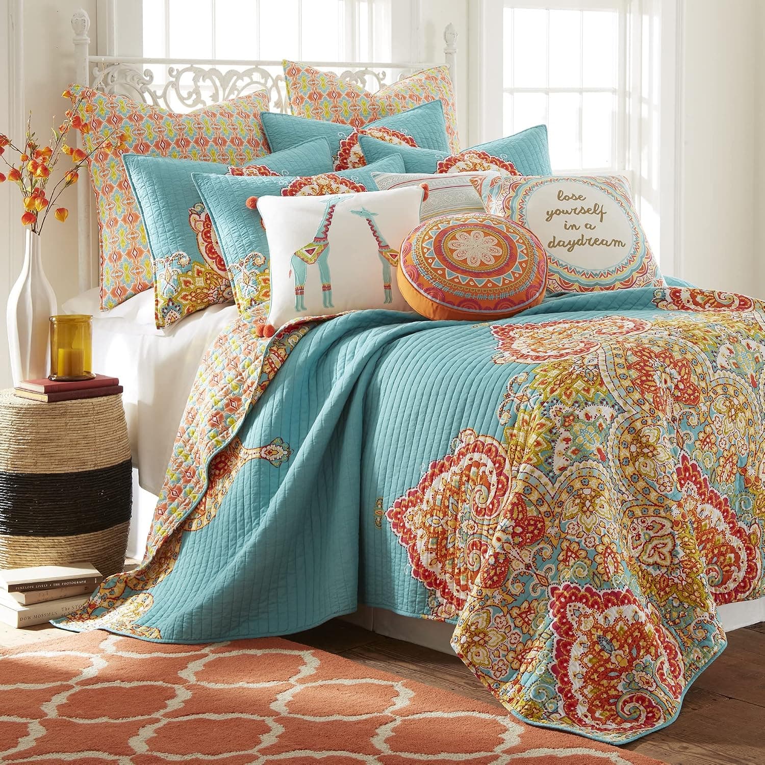 Levtex Home Mariska King Cotton Quilt Set w/Standard Shams, Multi,Teal,Red, Damask