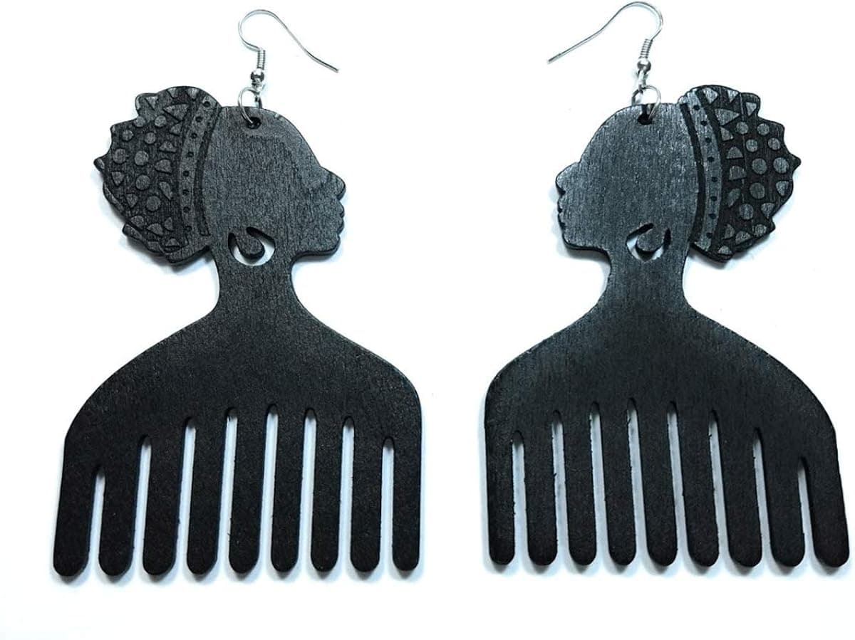 Teri's Boutique Afro Pick Afrocentric Women Hair Comb Style Wood Drop Dangle Natural Color Jewelry Earrings