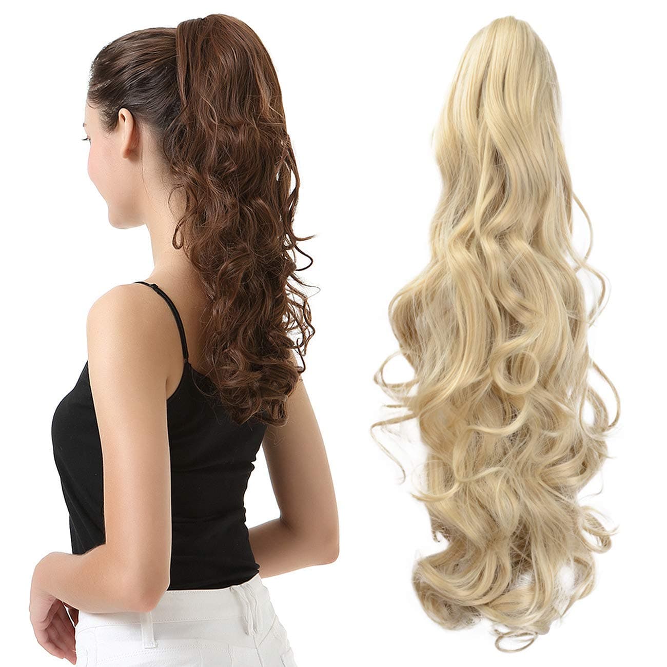 BARSDAR 19 Inch Claw Clip in Ponytail Hair Extensions Hair Piece Short Curly Synthetic for Girls Women (Light Blonde mix Bleach Blonde Evenly)