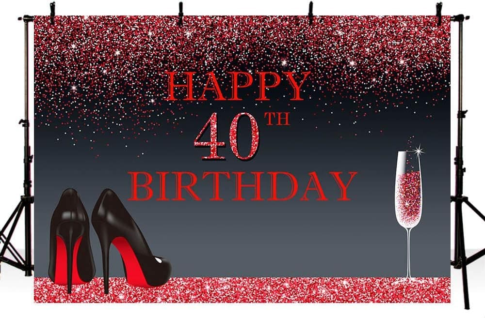 MEHOFOTO Photo Background Shining Red Black High Heels Champagne Woman 40th Happy Birthday Party Banner Backdrops for Photography 8x6ft