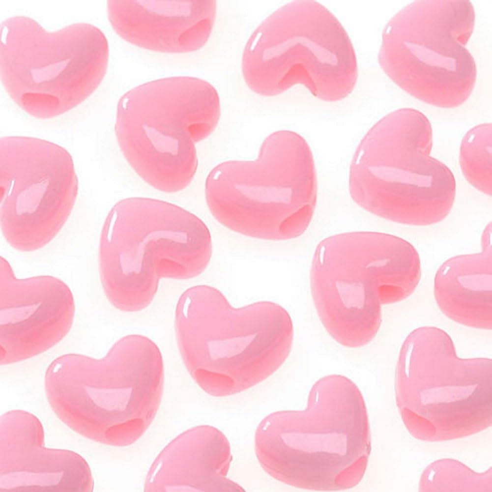 Opaque Pink Heart Pony Beads - Acrylic - 11mm (65 pieces)