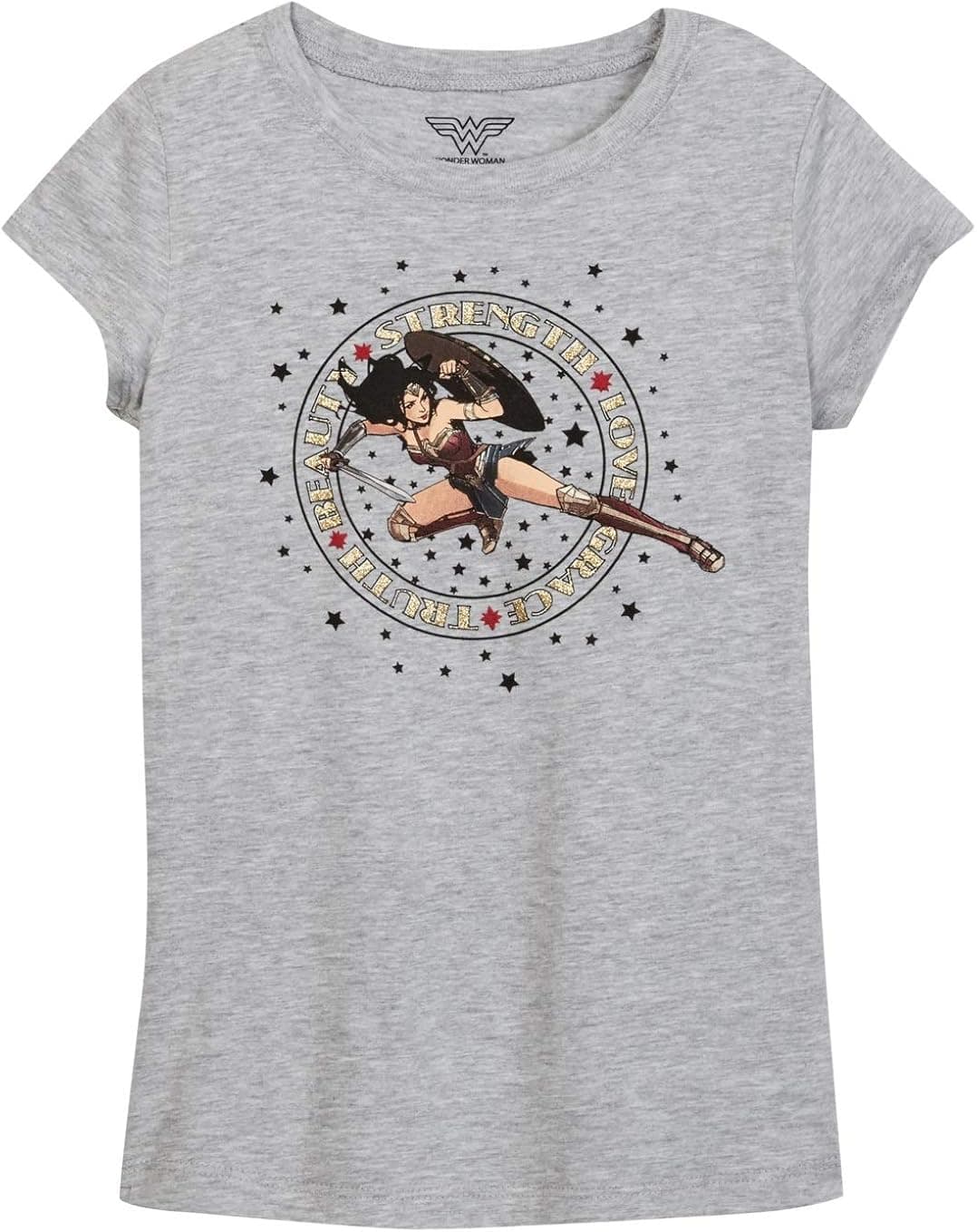 DC Comics Girls T-Shirt Superhero Print Wonder Woman (Large, Heather Grey)