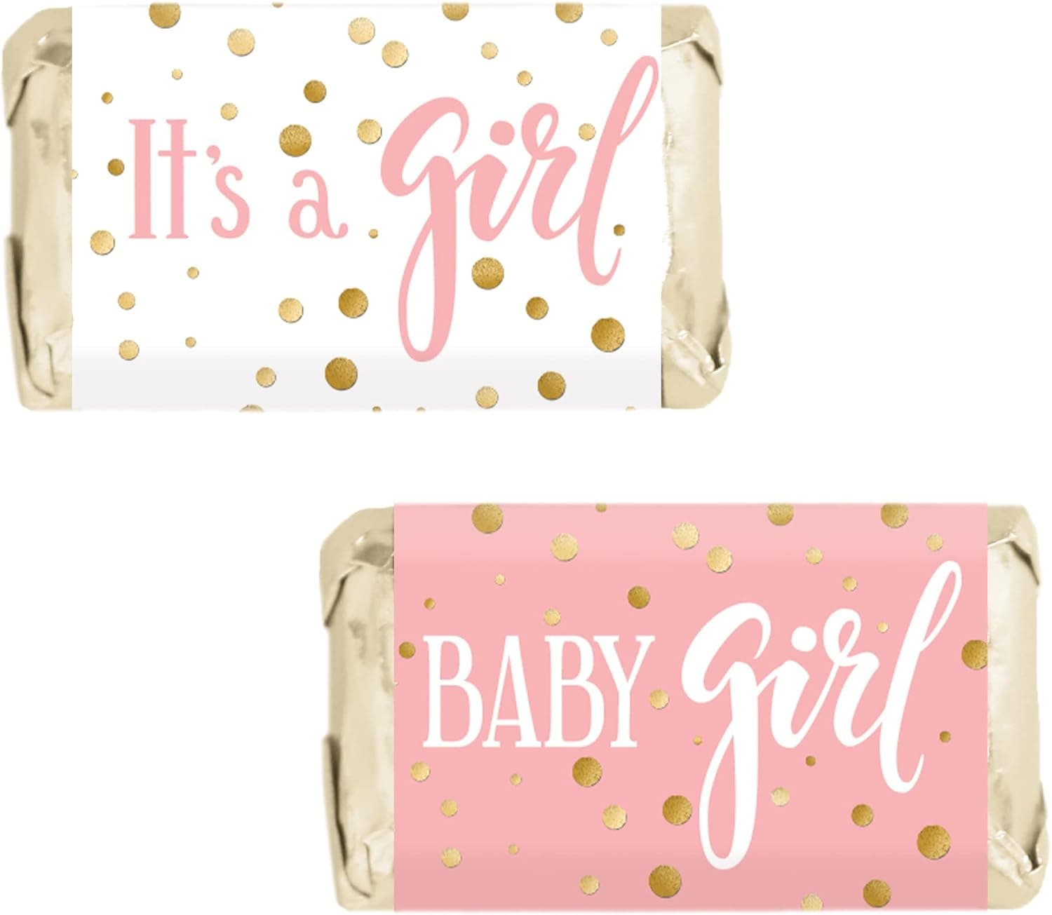 Pink and Gold It's a Girl Baby Shower Mini Candy Bar Wrappers - 45 Stickers