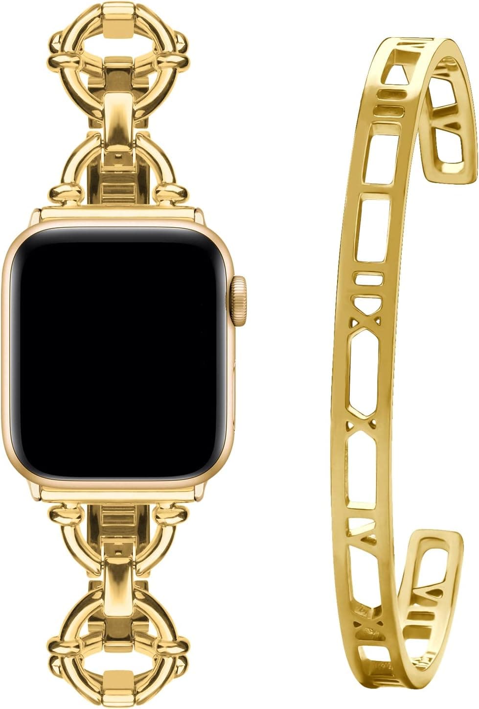 Wutwuk Compatible with Apple Watch Band 38mm 40mm 41mm 42mm 44mm 45mm iWatch Series 8 7 6 5 4 3 2 1 SE, Women Dressy Roman Numerals Bangle Bracelets Set, Gold