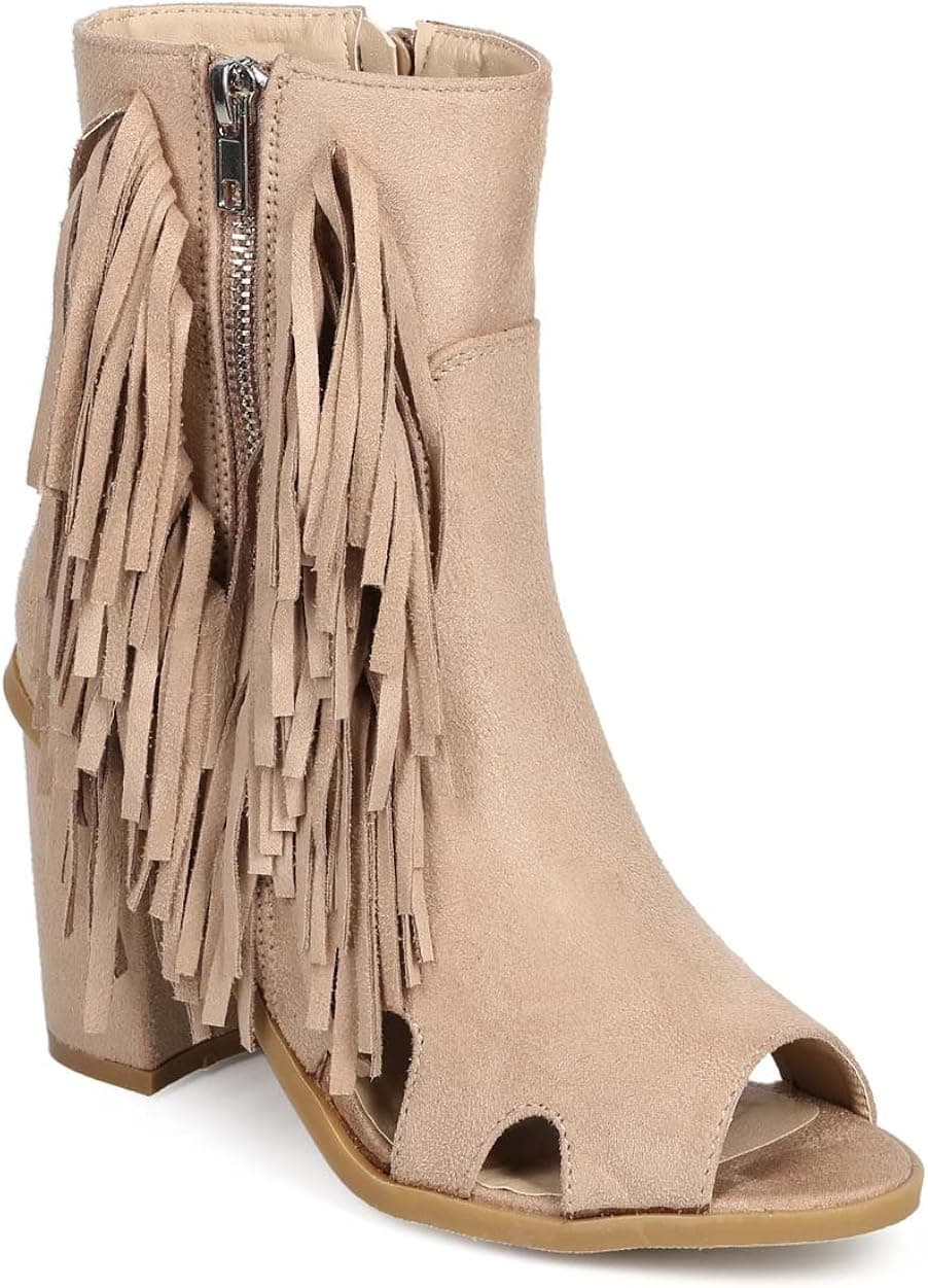 Nature Breeze Women Suede Peep Toe Vertical Fringe Cut Out Block Heel Bootie DI34 - Beige