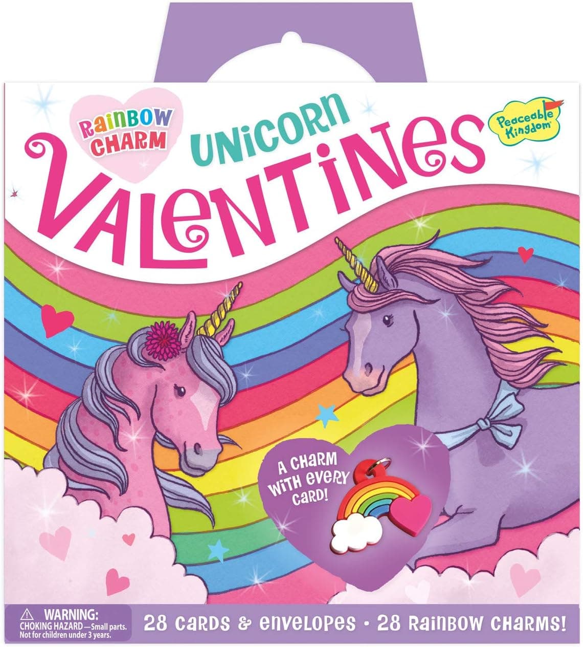 Peaceable Kingdom Rainbow Charm Unicorn Valentines - 28 Valentines Cards for Kids School Classroom Party Favors