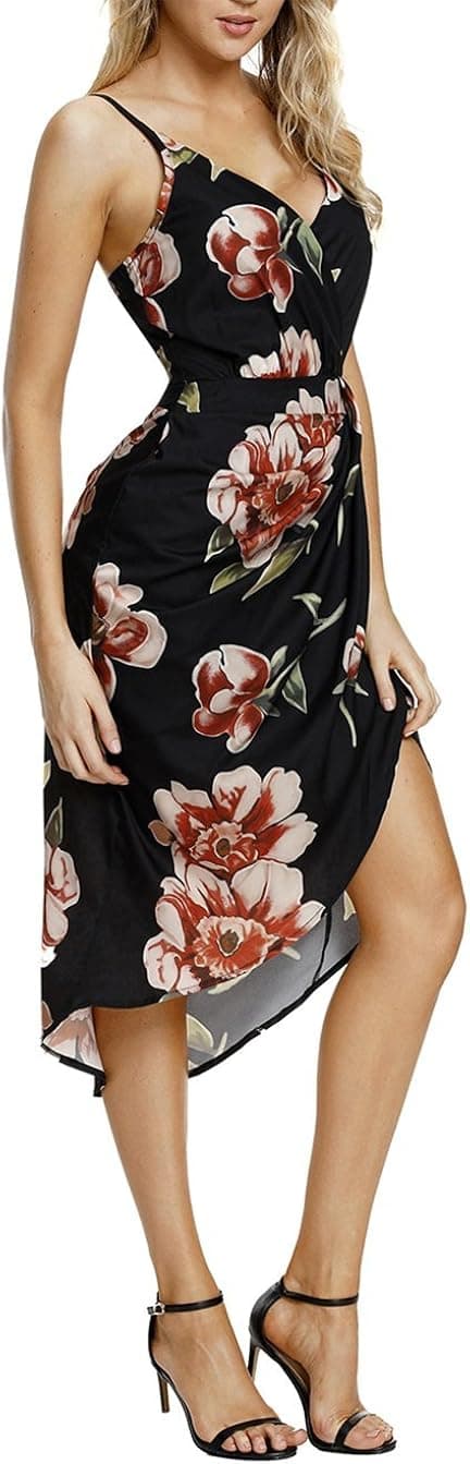 Womens Wrap V Neck Spaghetti Strap Summer Dress Floral Sleeveless Casual Midi Dresses