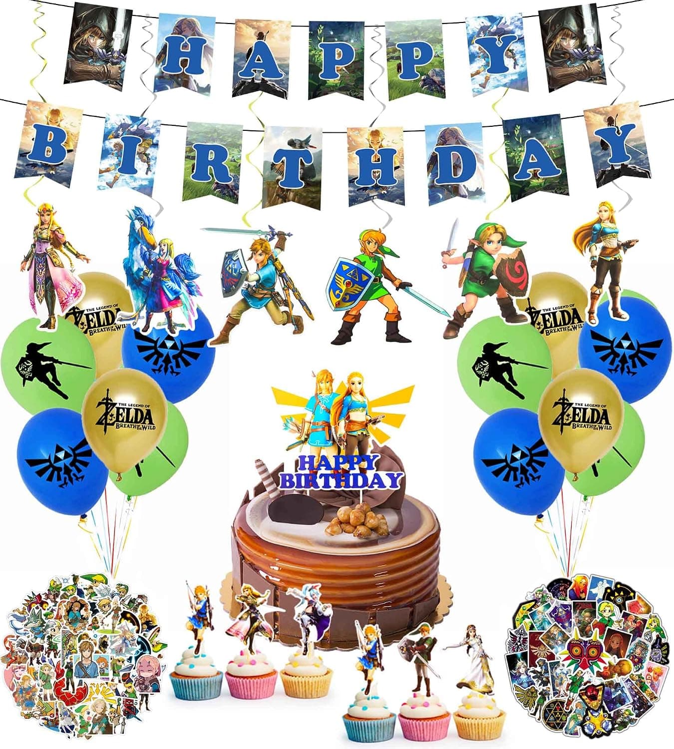150PCS Zeldatheme Birthday Party Supplies Legend Game Favors With 25PCS Cake Toppers, 1PCS Birthday Banner, 18PCS Latex Balloons, 6PCS Hanging Decors, 100PCS Stickers