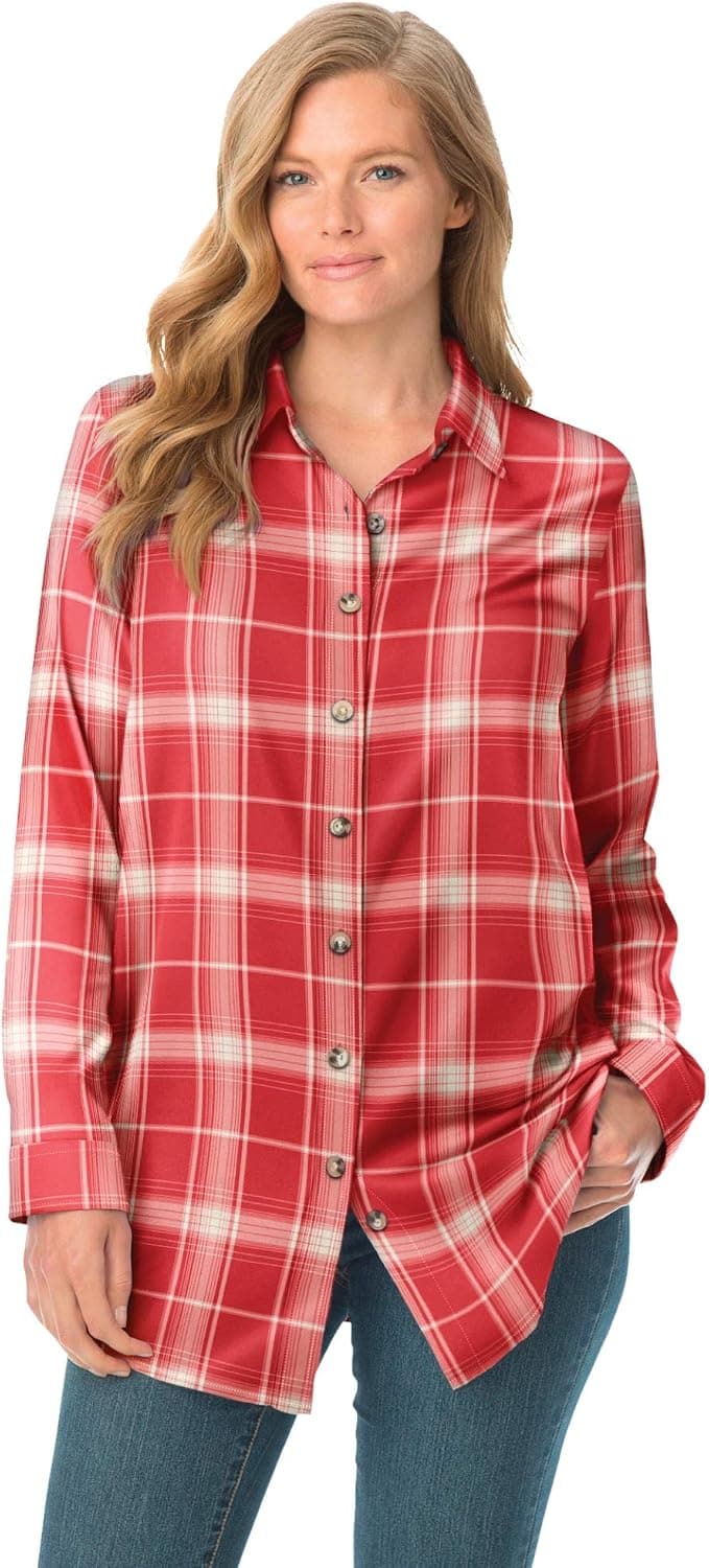 Woman Within Women's Plus Size Classic Flannel Shirt - 2X, Vivid Red Plaid