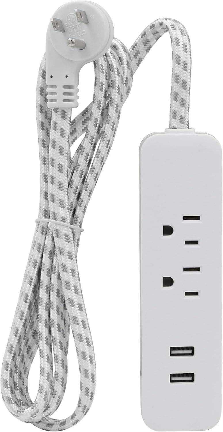 Clear Power 6 ft 2 Outlet + USB Charger Indoor Designer Fabric Flat Plug Extension Cord 16/3 SPT-2, 3 Prong Grounded Plug (White & Gray), CP10055