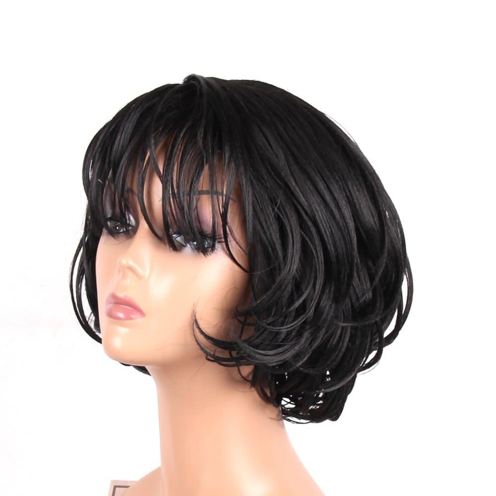 Jiayi Short Bob Wavy Hair Wigs with Bangs for Women Heat Resistant Synthetic Hair Black Women's Wig for Daily Wear （8Inches,1B#)