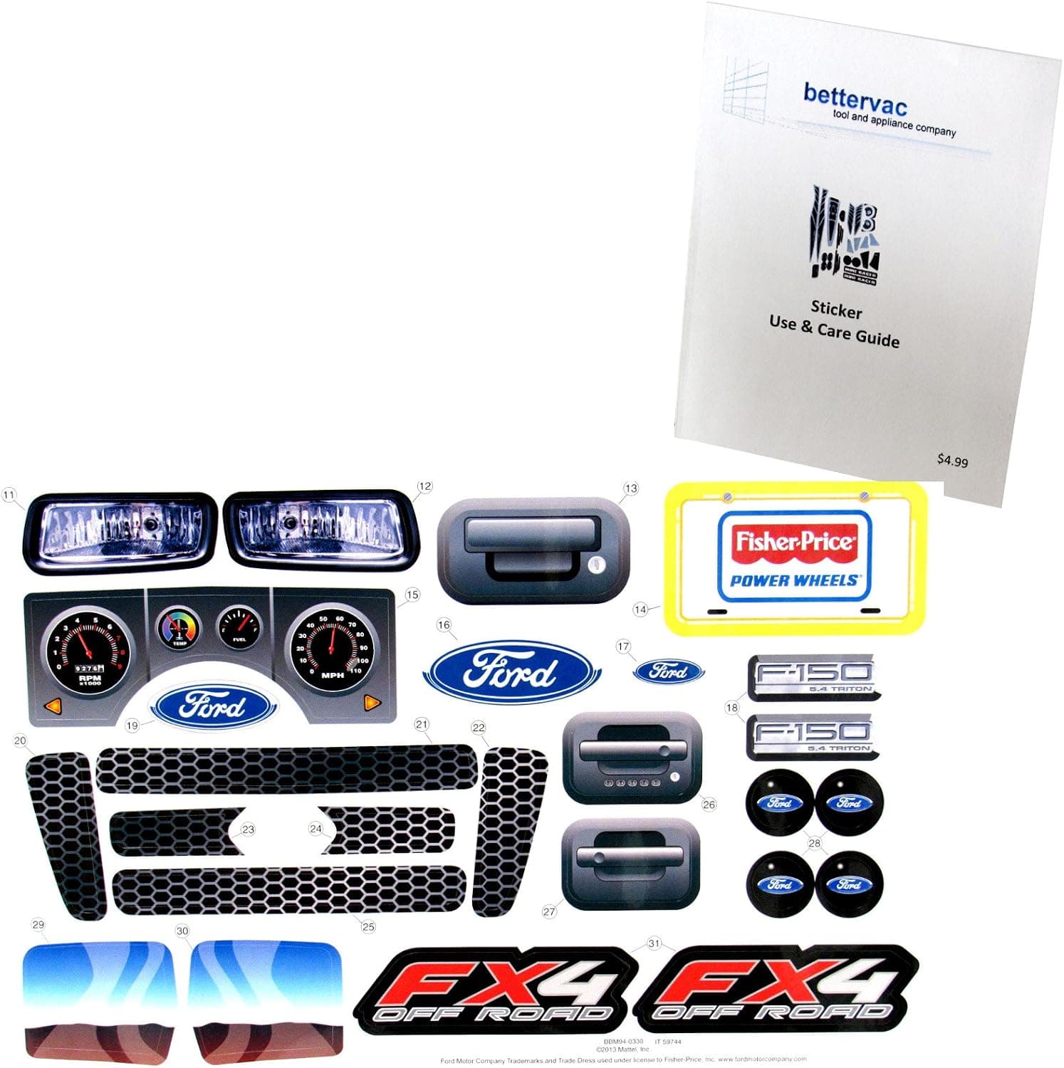 Power Wheels BBM94 Ford F-150 FX4 Decal Sheet #BBM94-0330 Bundled with Use & Care Guide