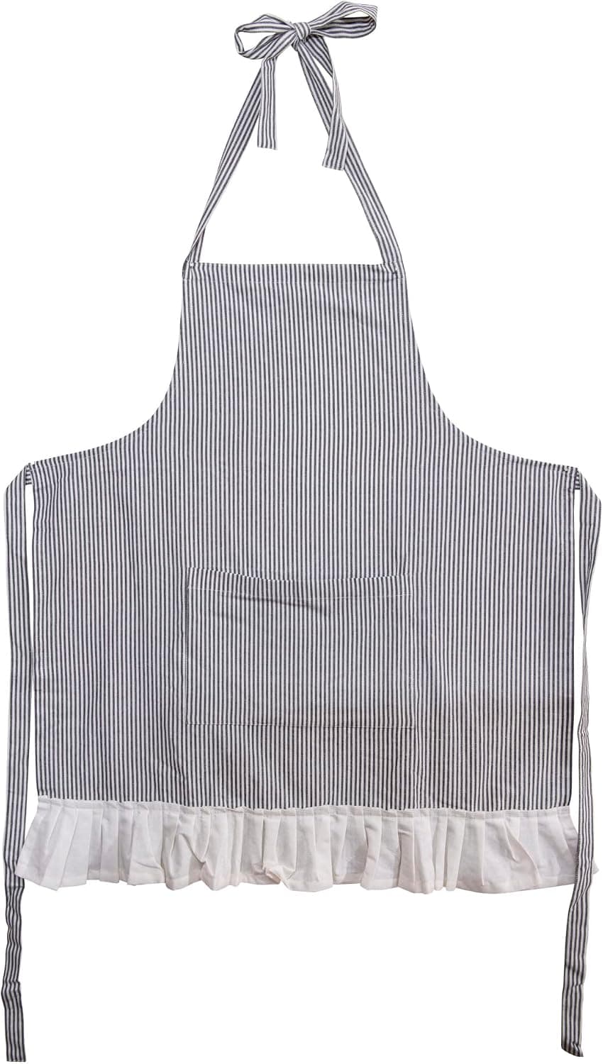 Creative Co-Op Cotton Woven Apron with Pocket and Ruffles, 32" L x 28" W, Black and Cream