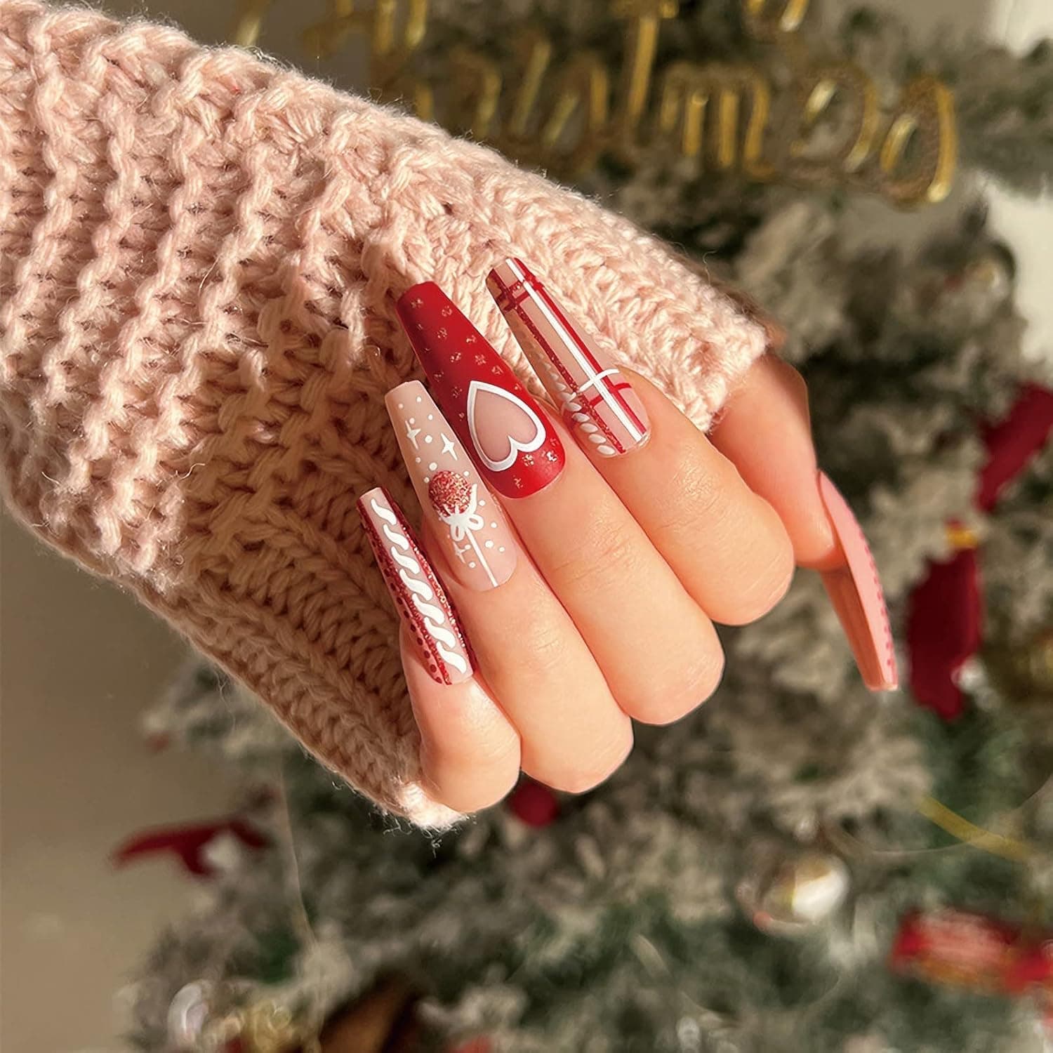 MERVF Coffin Press on Nails Long Fake Nails Red Ballerina Glue on Nails with Glitter Design 24pcs Matte Acrylic Nails for Women