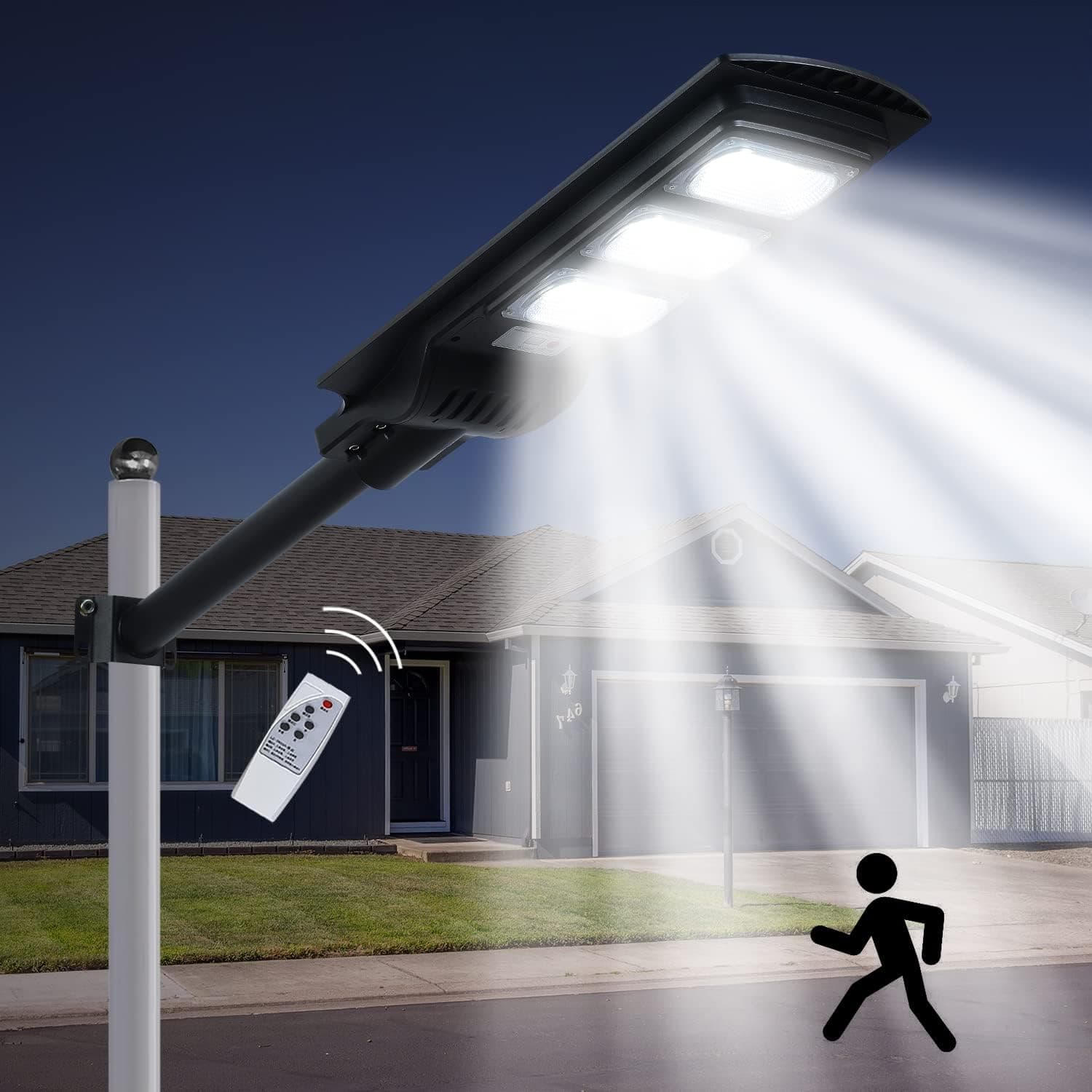 Vikrami 600W Solar Street Lights Outdoor Waterproof 60000LM, Dusk to Dawn, with Motion Sensor and Remote Control, Suitable for courtyards, Gardens, Streets, Garage, etc. Wall or Pole Mount