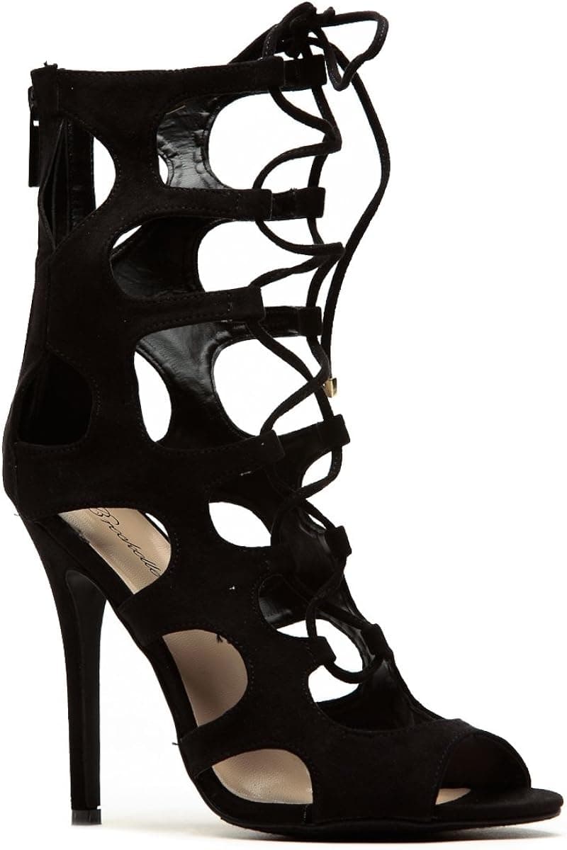 Breckelles Women's Roma-51 High Heel Gladiator Sandals Lace Up Peep Toe Strappy, Black, 8 B(M) US