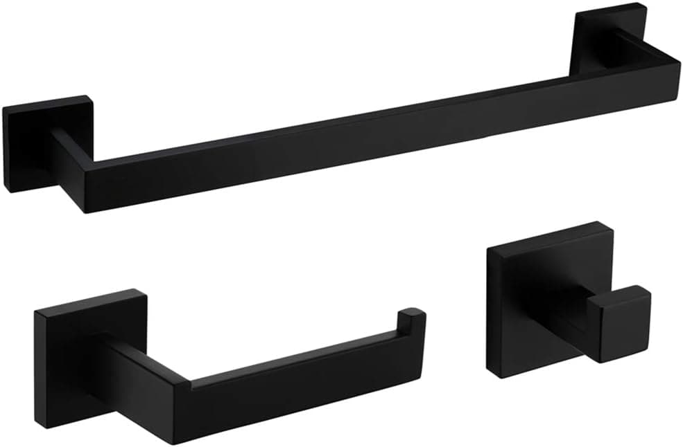 VELIMAX Premium Stainless Steel 3-Piece Bathroom Hardware Set Wall Mounted Bathroom Accessory Set - Robe Hook Toilet Paper Holder 16-Inch Towel Bar, Matte Black