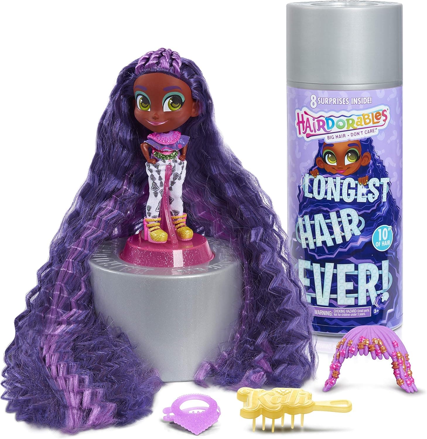 Just Play Hairdorables Longest Hair Ever! Kali, Includes 8 Surprises, 10-Inches of Hair to Style, Purple