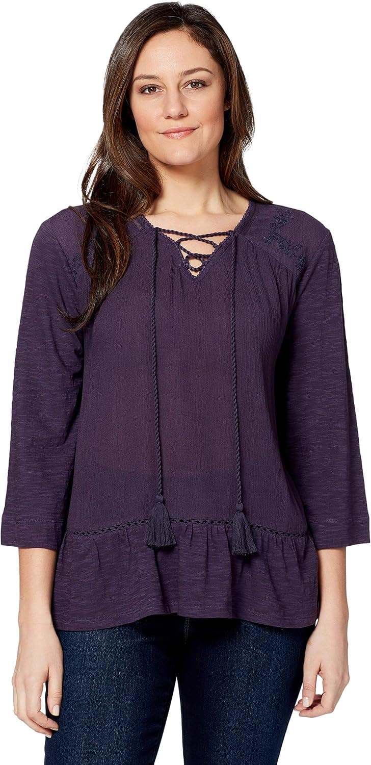 Gloria Vanderbilt Women's Petite Cindy Lace Up Knit to Woven Top, Mauve Berry, PSmall