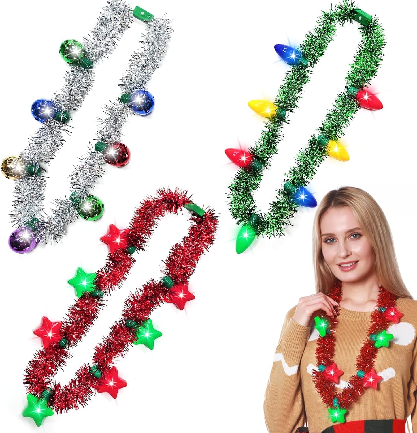 3 Pack Light Up Tinsel Garland Necklaces Colorful Bulb Stars LED Necklaces Christmas New Year Eve Party Favor Supplies Accessories for Kids Adults Xmas
