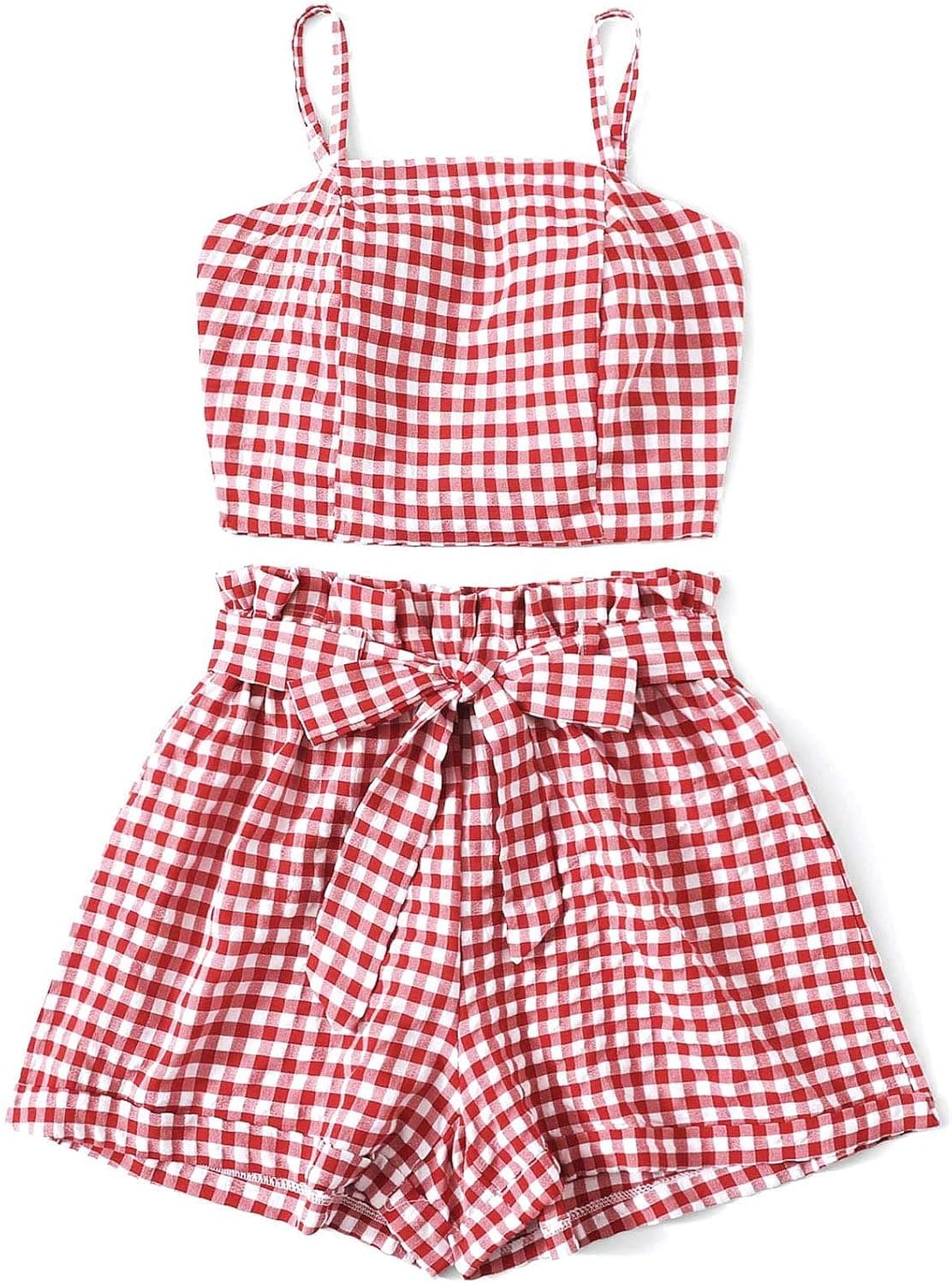 DREAGAL Women's 2 Piece Outfit Cute Summer Plaid Crop Cami Top with Belted Shorts Set