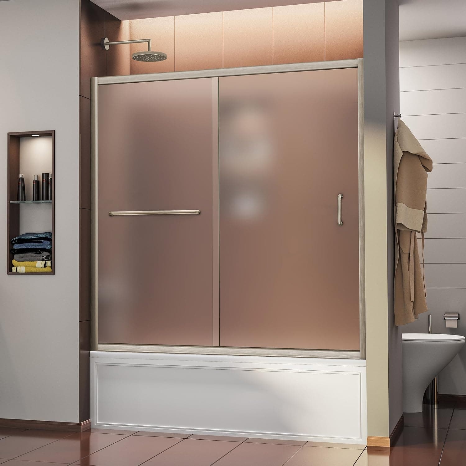 DreamLine Infinity-Z 56-60 in. W x 58 in. H Frameless Sliding Tub Door, Frosted Glass in Brushed Nickel, SHDR-0960580-04-FR