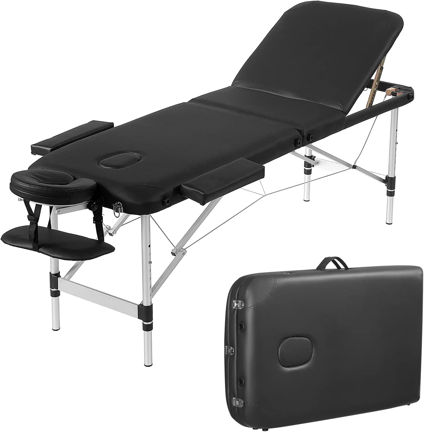 Prilinex Portable Folding Massage Table, 3 Sections Reclining Spa Bed, Aluminum Legs, with Carrying Bag, Face Cradle & Armrest - Easy Set Up, Lightweight, Height Adjustable 24" to 33" Black