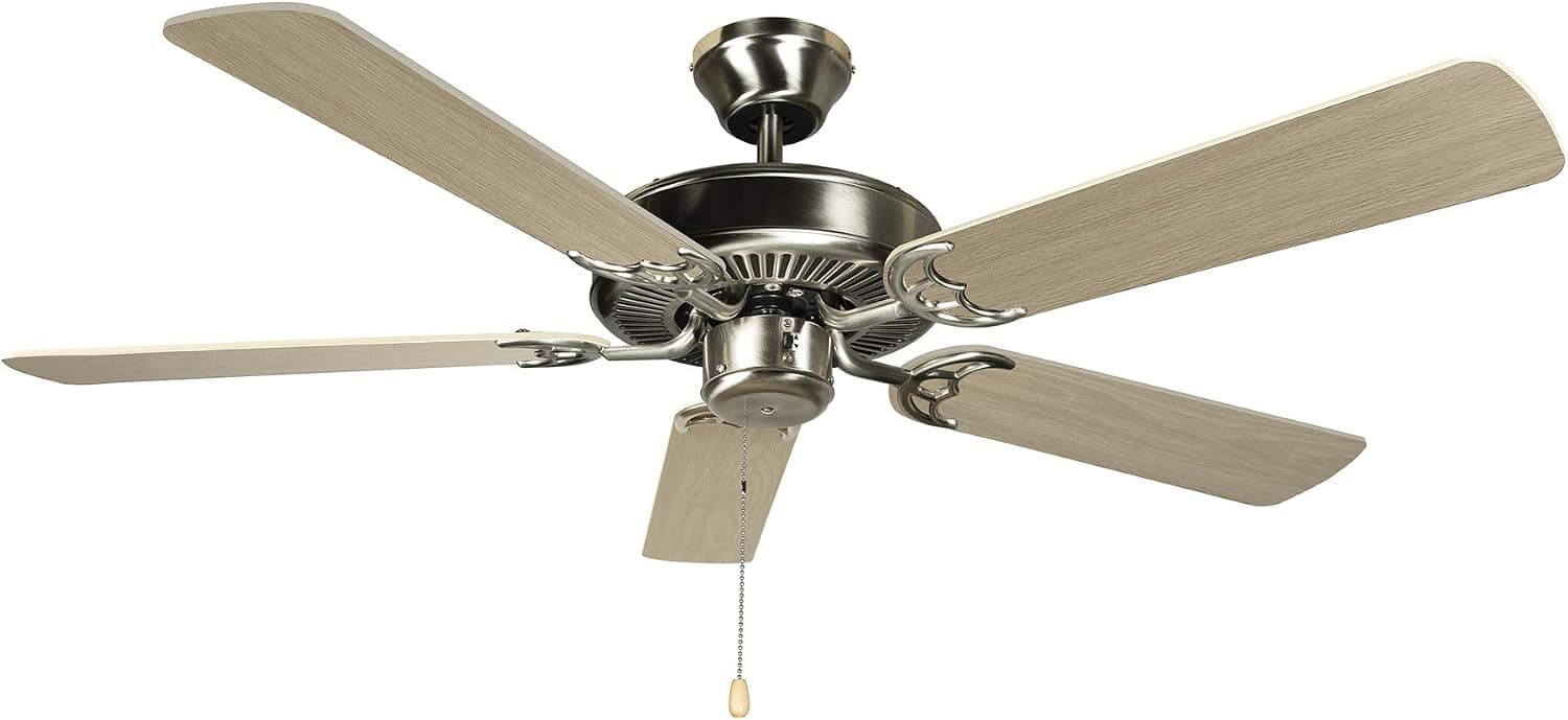 Hyperikon 42 Inch Ceiling Fan No Light, 55W, Remote Control and Pull Chain, Brushed Nickel Body, 5 Blades, Birch