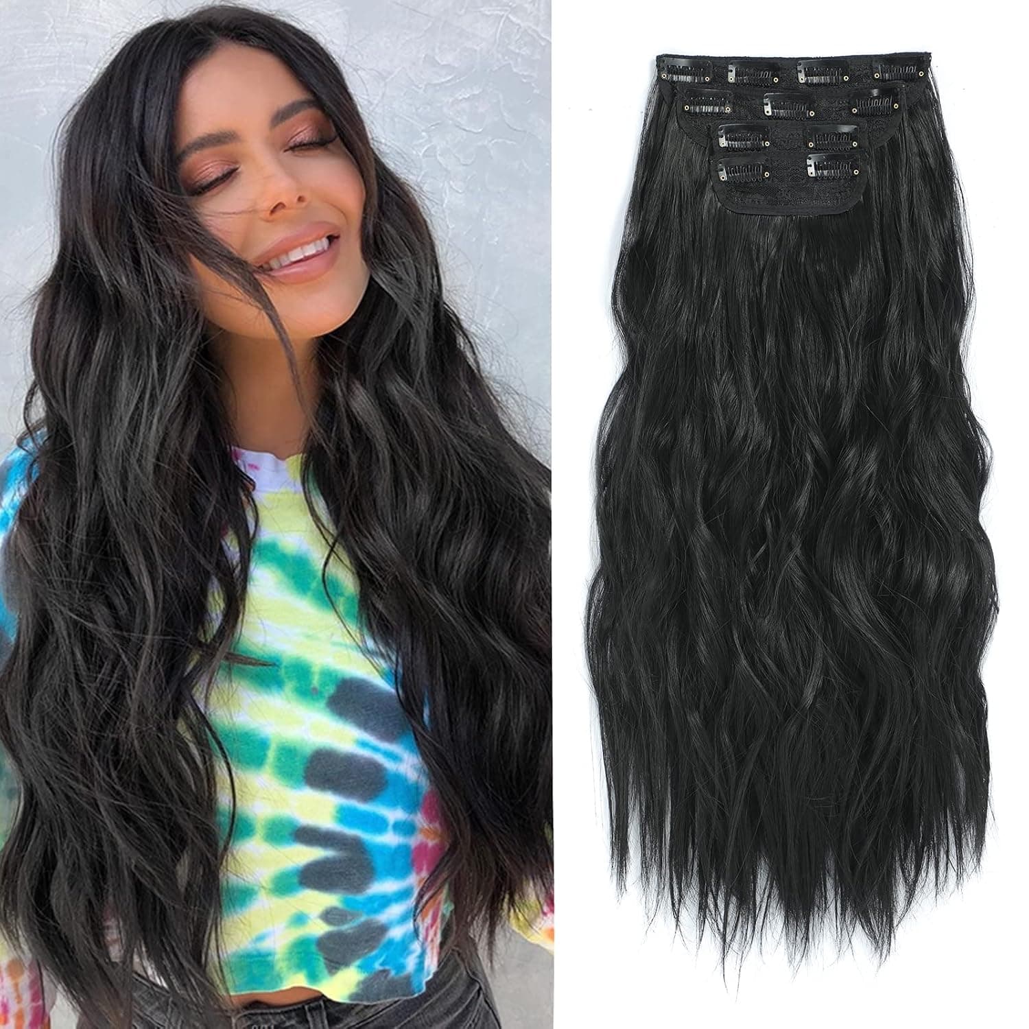 FENTISAR Clip in Hair Extensions, 4PCS Clip in Long Soft Waves Black Hair Extensions Synthetic Fiber Double Weft Thick HairPieces For Women Daily Wear (20Inch, Black)
