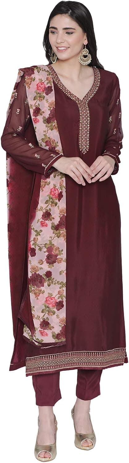 PINKSHINK Women's Readymade Brown Crepe Indian/Pakistani Salwar Kameez Dupatta