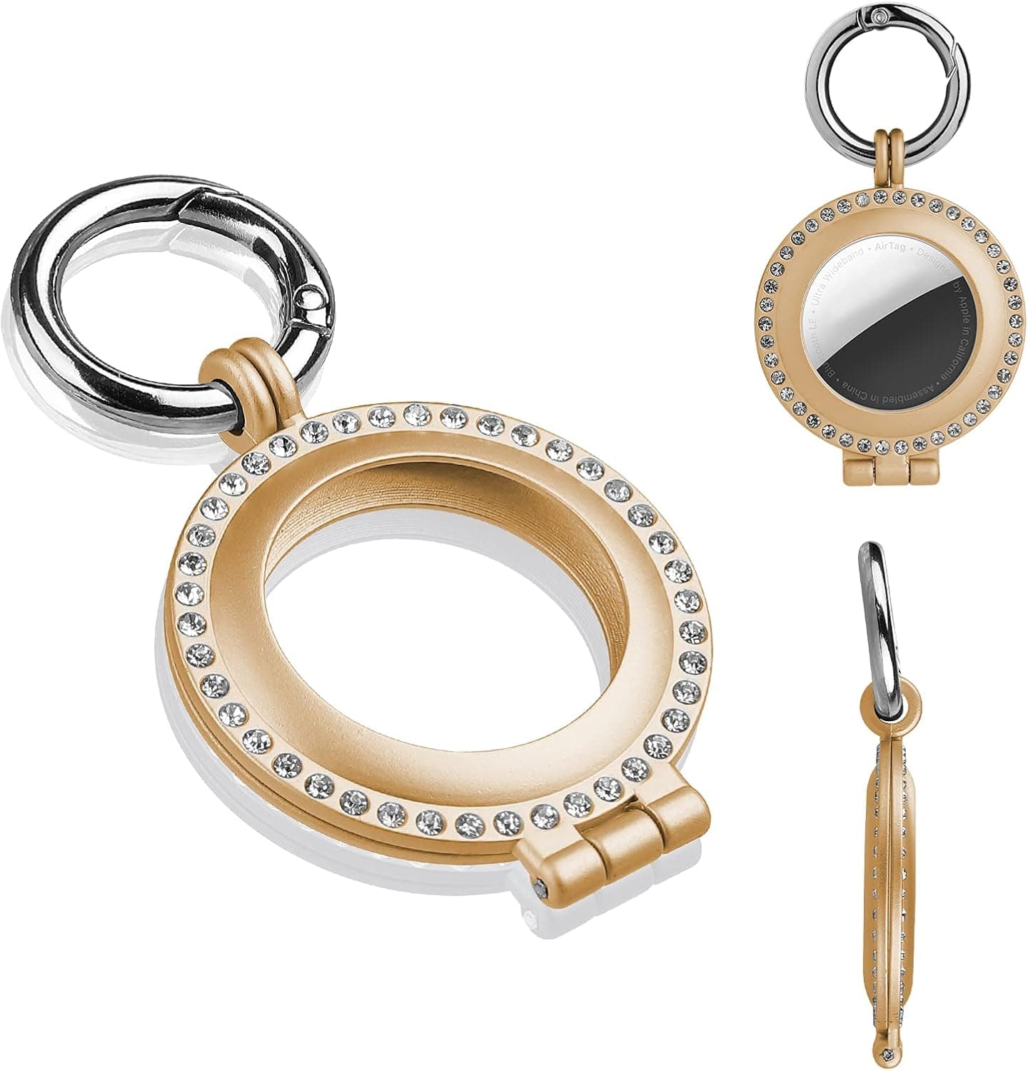 Bonoma Case for AirTags 2021, Portable Alloy Metal Rhinestone Bling Frame Protective Tracker Holder Airtags Case Cover with Keychain for AirTags Finder - Rose Gold