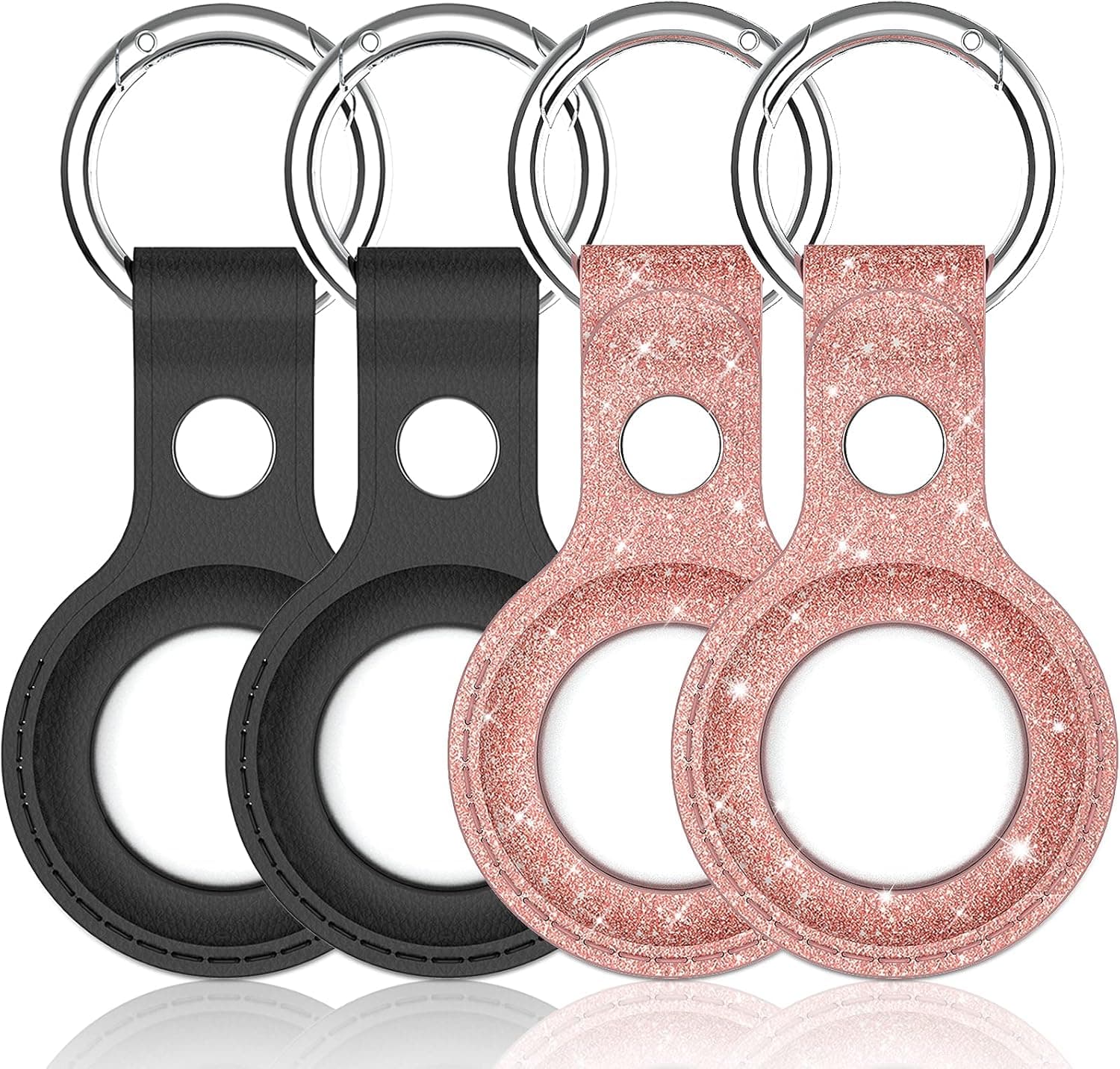 [4-Pack] ZoneFoker Case for AirTag Keychain, for AirTag Case with AirTag Key Ring, Glitter Sparkly PU Leather Airtag Accessories AirTag Holder Loop Cover for Key/Bag/Pet (Rose Gold+Black)