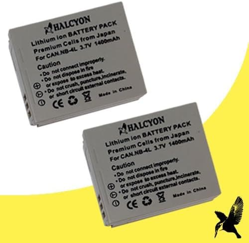 Two Halcyon 1400 mAH Lithium Ion Replacement Battery for Canon PowerShot ELPH SD450 5.0 MP Digital Camera and Canon NB-4L