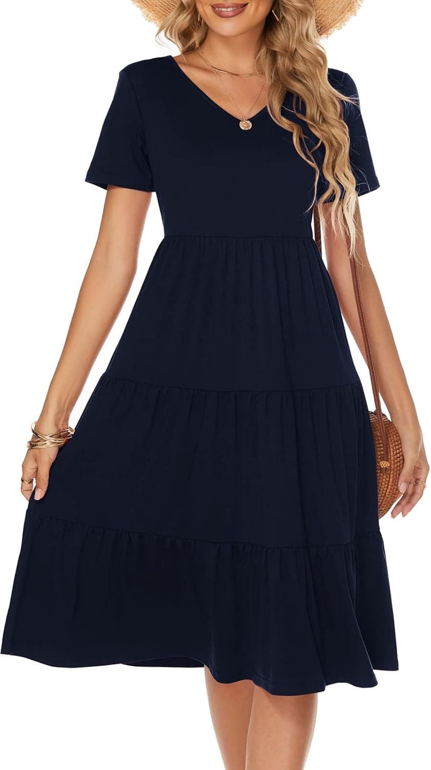Berydress Women's Casual Summer Tiered Midi Dress Short Sleeve V-Neck Loose Cotton Ruffle Babydoll Dress Boho Sundress