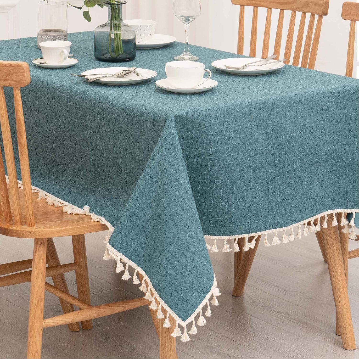 RECYCO Rectangle Tablecloth with Tassels, Checkered Table Cover 55 x 84 inches, Heavy Weight Woven Fabric Table Cloth, Wrinkle Free Washable Tabletop Decoration for Kitchen Dinning Holiday, Teal Green