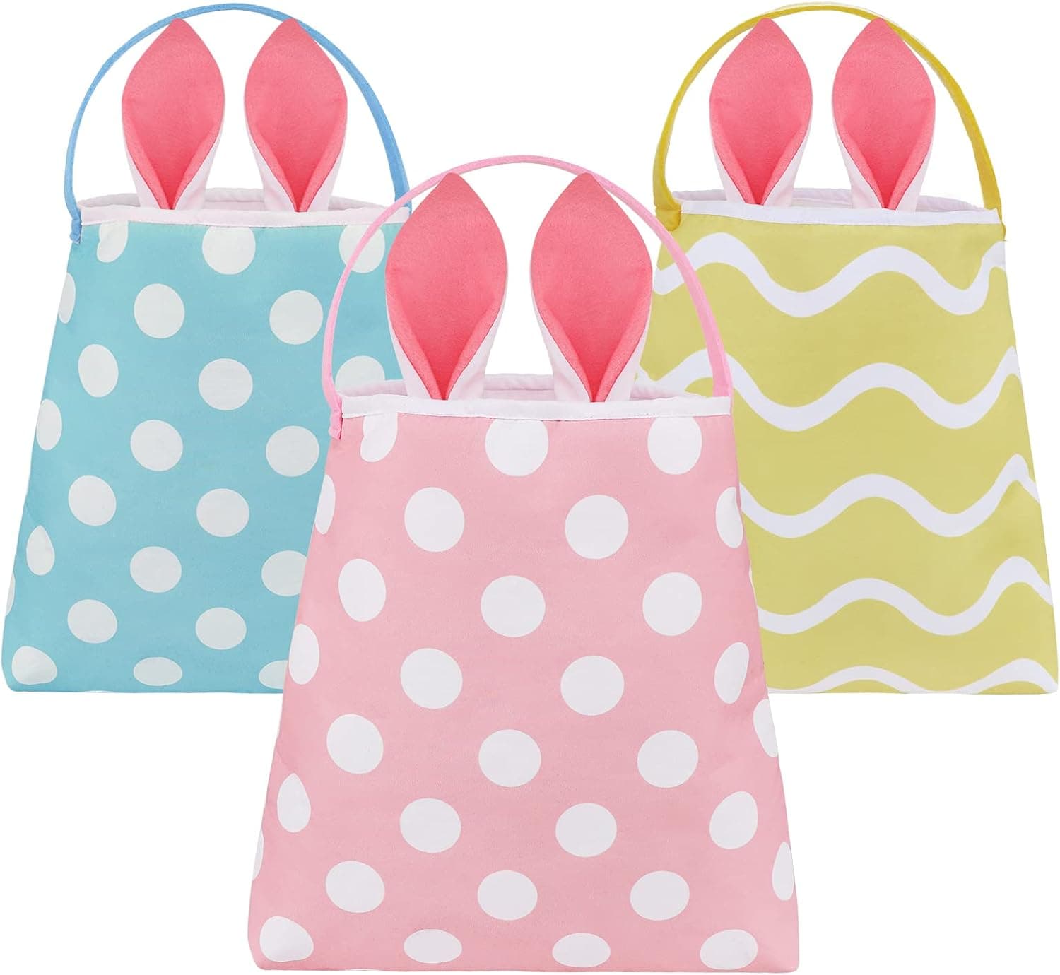 Ivenf Easter Tote Bags with Bunny Ears 3ct, Pink Blue Yellow Easter Gift Bags for Hunt Games Eggs, Kids School Home Party Supplies Decorations