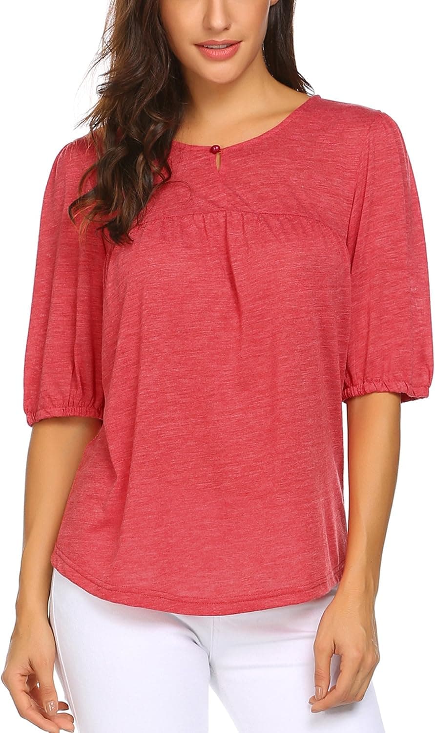 Wildtrest Women's Oversized Round Neck Half Sleeve Ruffle Babydoll Blouse Top Red Large