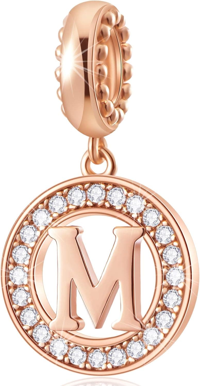 CHAWIN Initial A-Z Letter Charm Bead, Alphabet Charms Rose Gold, Authentic 925 Sterling Silver Charms fit Pandora Charm Bracelets, Necklace, Circle Dangle Charm for Women, Girls, Sparkling Clear Stone