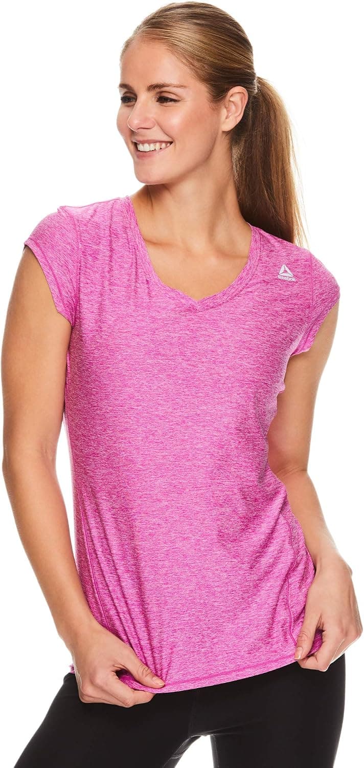 Reebok Women's Cap Sleeve Gym and Workout T-Shirt - Performance V-Neck Athletic Running Top - Perfect Pink Fuchsia Shock Heather, Small