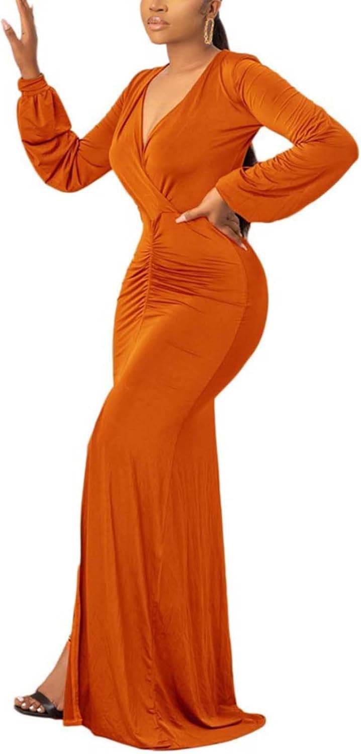 Women's Maxi Dress Sexy Elegant Lantern Sleeve Deep V Neck Slimming Long Ruched Bodycon Dresses Cocktail Evening Gown