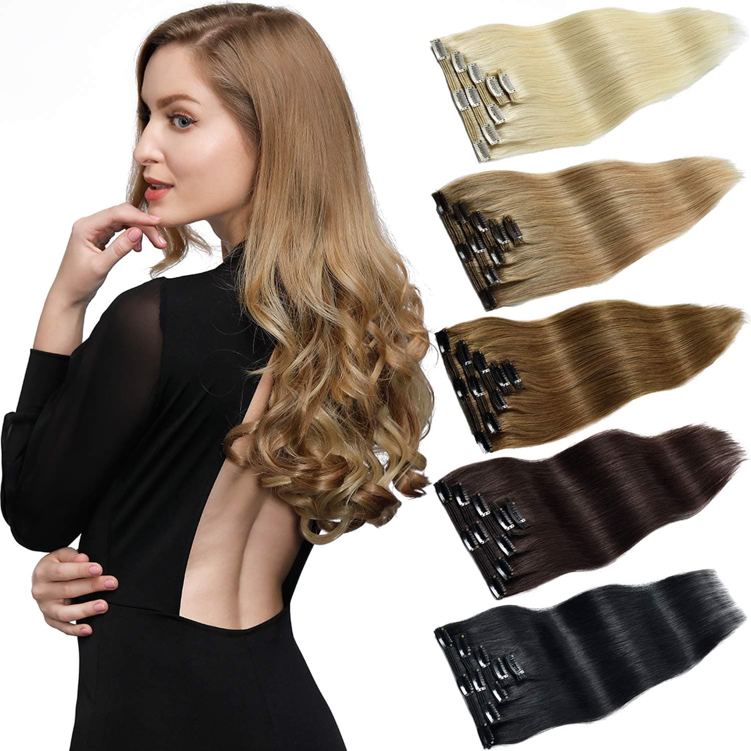 ROSEBUD Blonde Hair Extensions Clip in Human Hair Thick REMY Hair for Women Double Weft 5Pcs 10 Clips Set 20 Inch