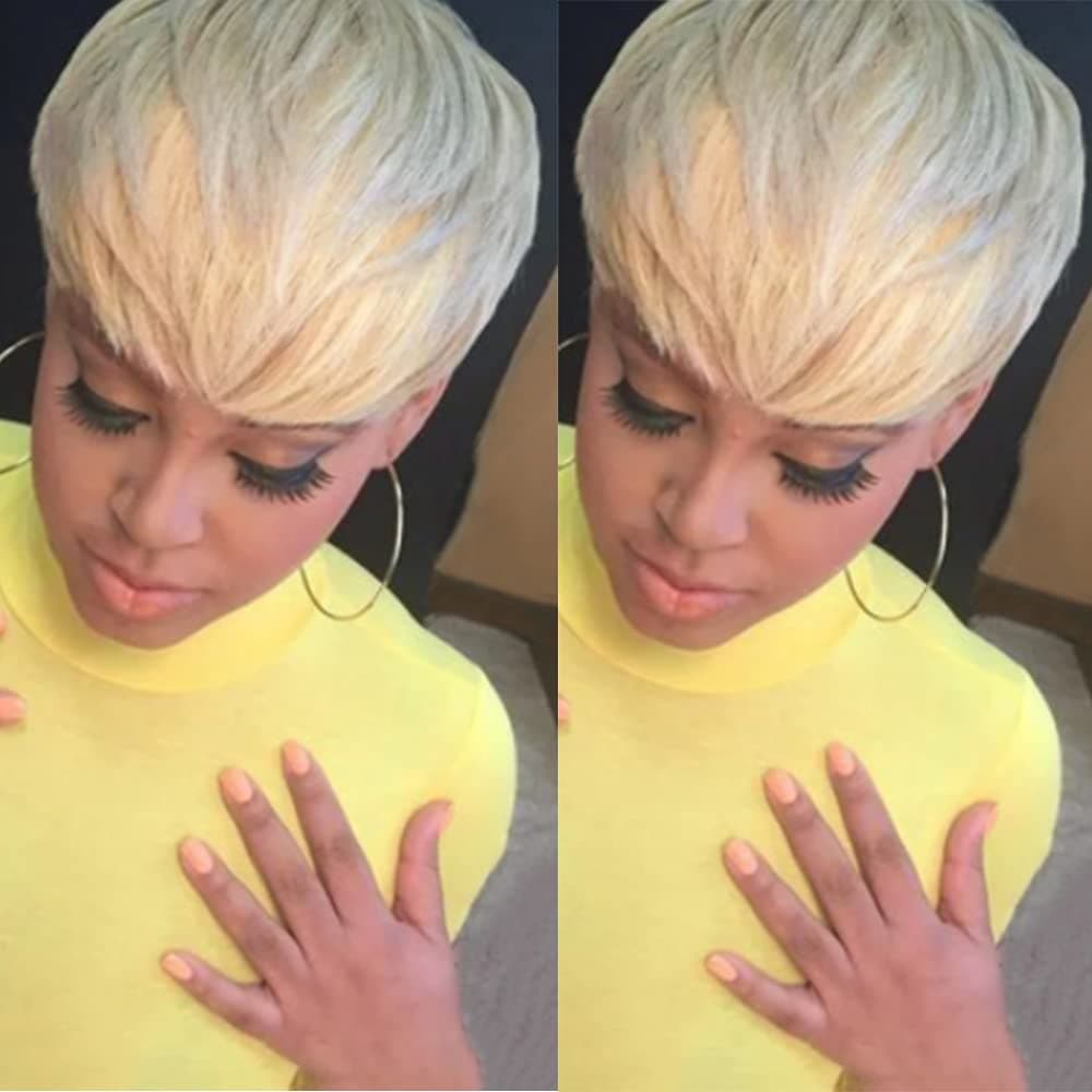 Divine Hair Light Blonde Short Hair Wig with Natural Bangs short Pixie Cut blonde hairstyles Synthetic Short Straight Haircut For Women(Light Blonde)