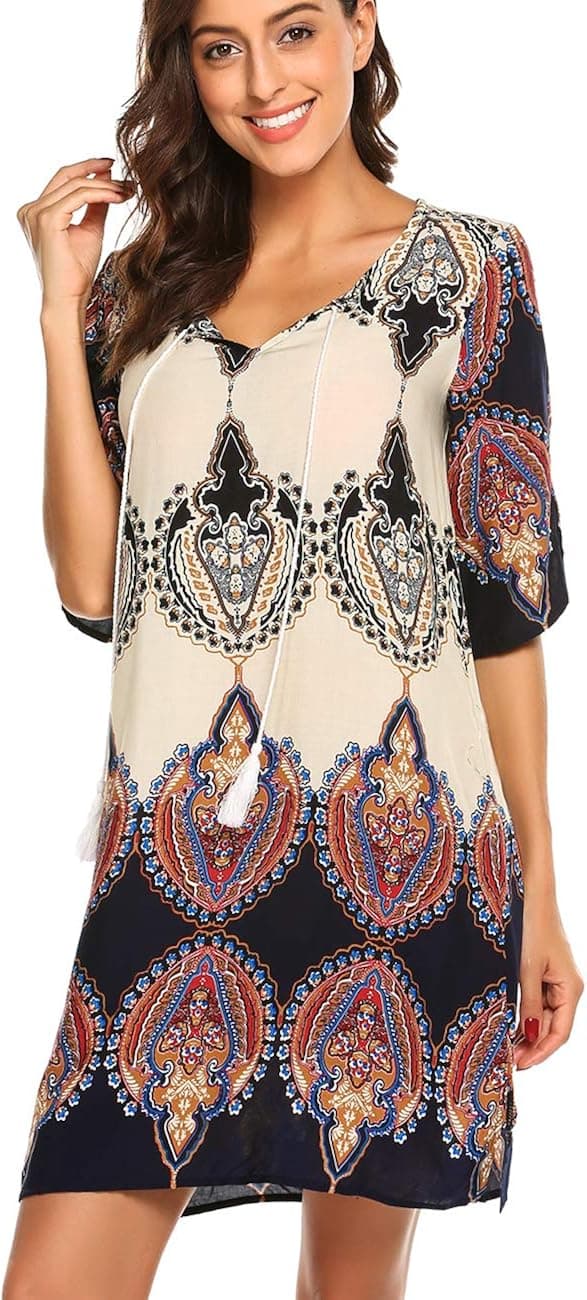 Halife Women's Vintage Ethnic Style Printed Tassel Tie Neck Loose Fit Bohemian Tunic Dress