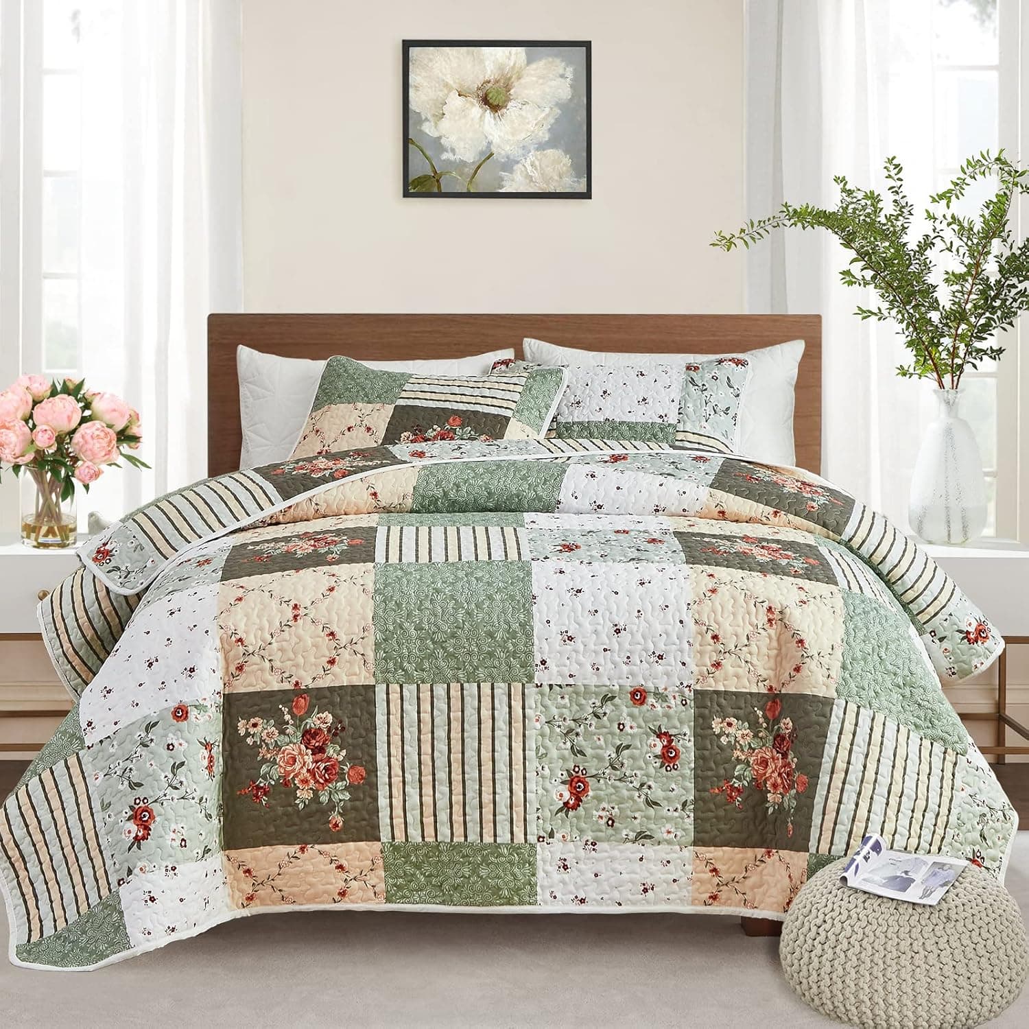 Flysheep Floral Patchwork Quilt Set 3 Pieces King Size, Green Plaid Reversible Bedspread Coverlet Set, Soft Microfiber Lightweight Bed Cover for All Season (102" x 90", 1 Quilt+ 2 Pillow Shams)