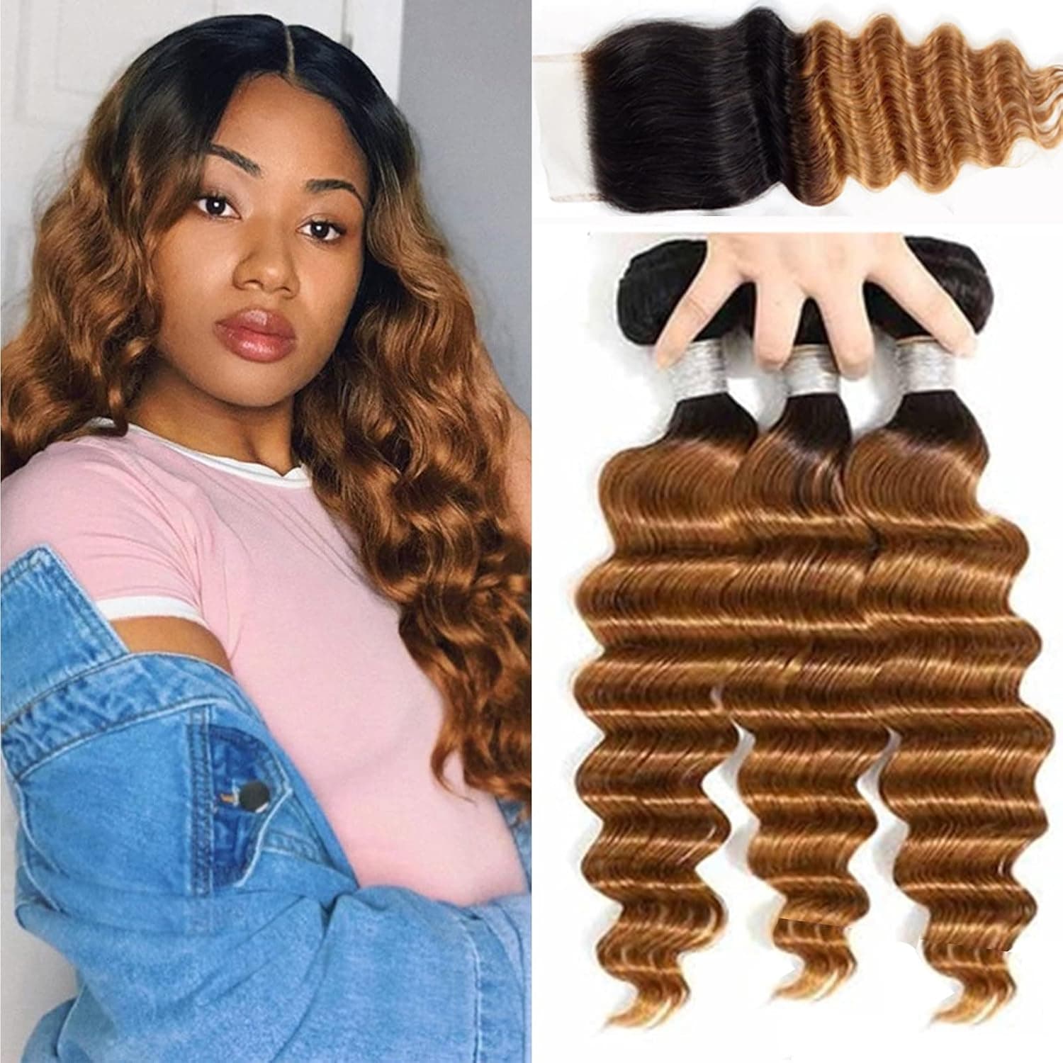 Ombre Bundles with Closure Loose Deep 1B/30 Human Hair 3Bundles Brazilian Virgin Human Hair Dark Root Twe-tone 1B/30 Bundles with Closure(10 12 14 +10)