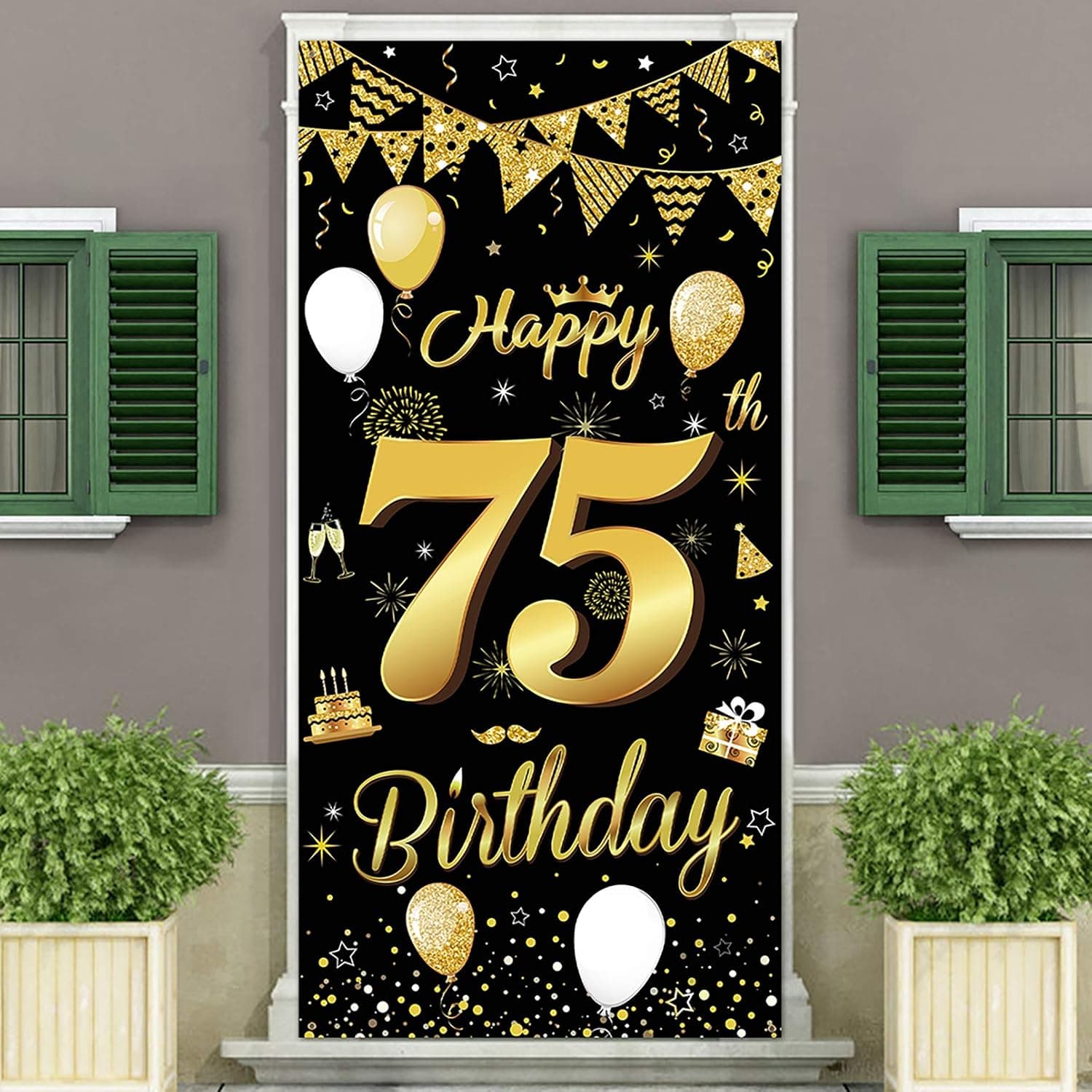 DUAIAI Happy 75th Birthday Party Decorative Door Cover Banner,Large Fabric Black and Gold Glitter Sign Birthday Photo Booth Backdrop Background Banner for 75 Birthday Party Decorations and Supplies